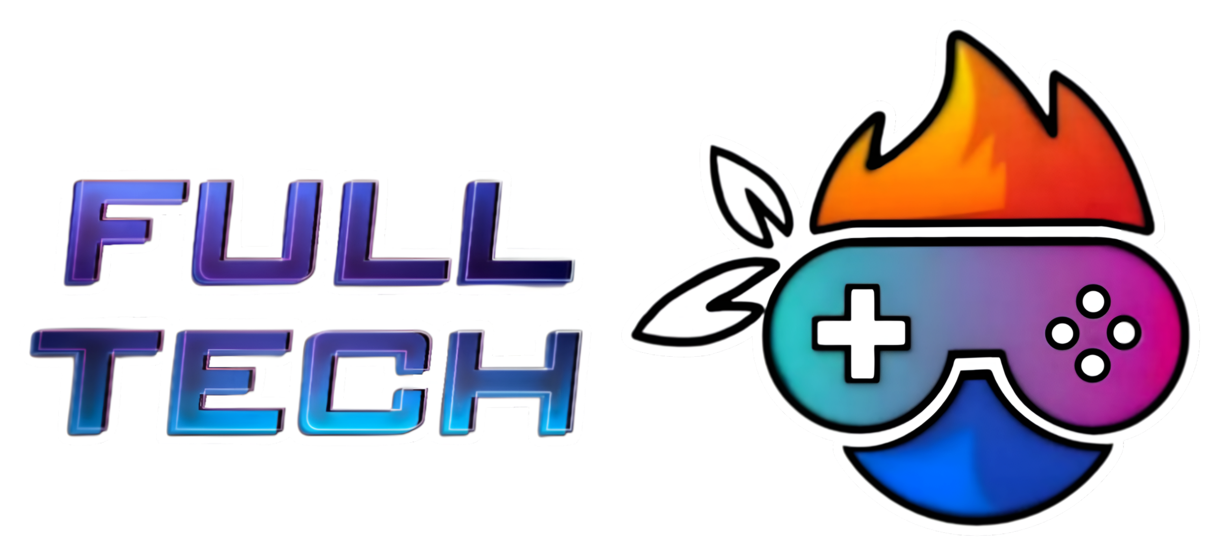 Logo de Full Tech: letras FULL TECH junto a la mascota con cabello de fuego y control de videojuegos